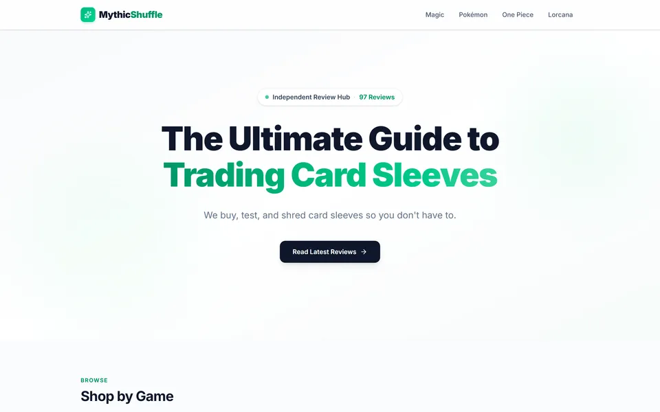 Screenshot of the Mythic Shuffle website homepage